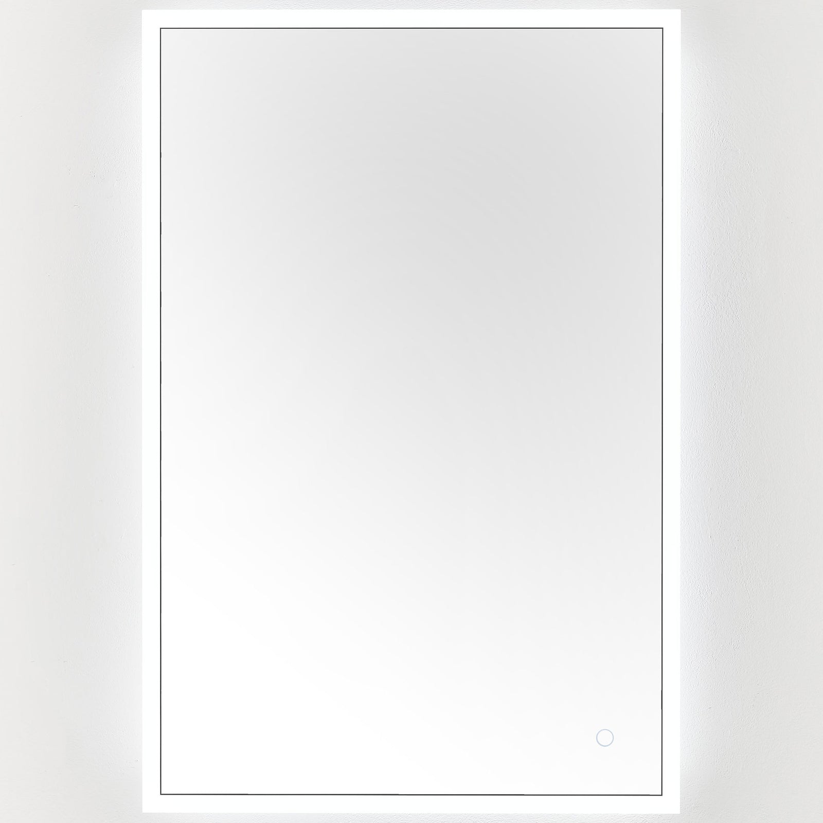 Cool white LED light outlines the rectangular mirror, with a subtle touch control near one corner. || LMR1003A || front_on_studio