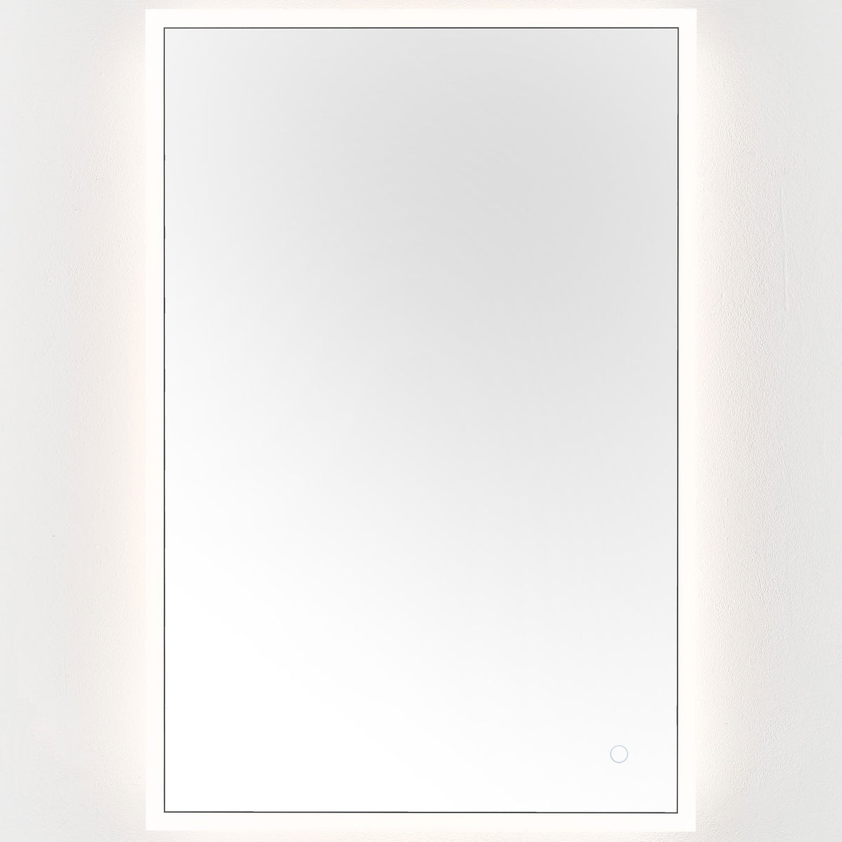 Soft white light frames the mirror's reflective surface for an even, inviting glow. || LMR1003A || front_on_studio