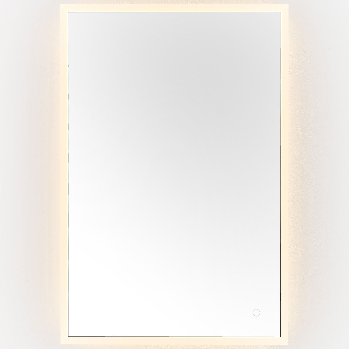 A warm golden LED border lends the streamlined mirror a cozy glow. || LMR1003A || front_on_studio
