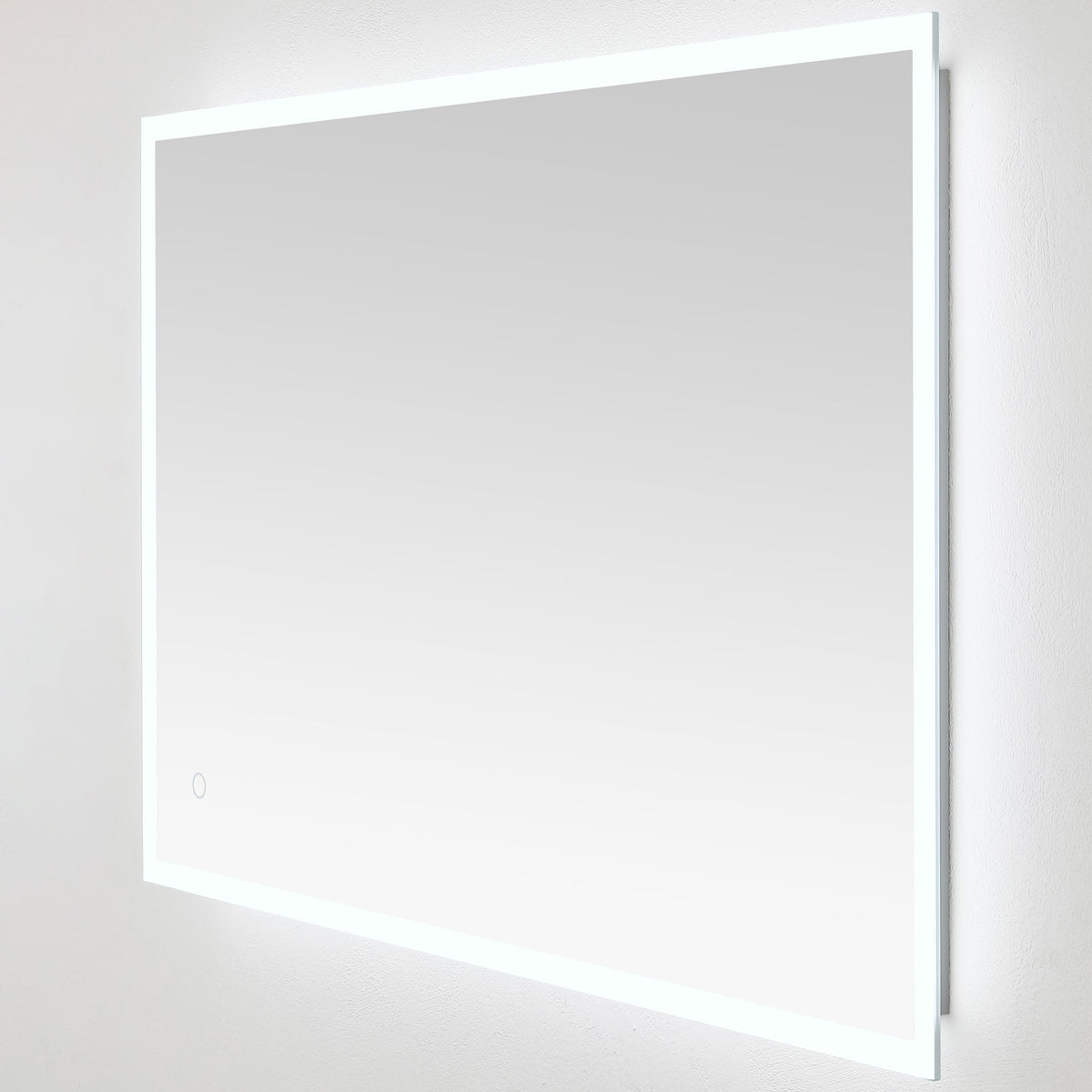 A wide mirror glows cool white around its slim frame, with a touch sensor near the lower edge.