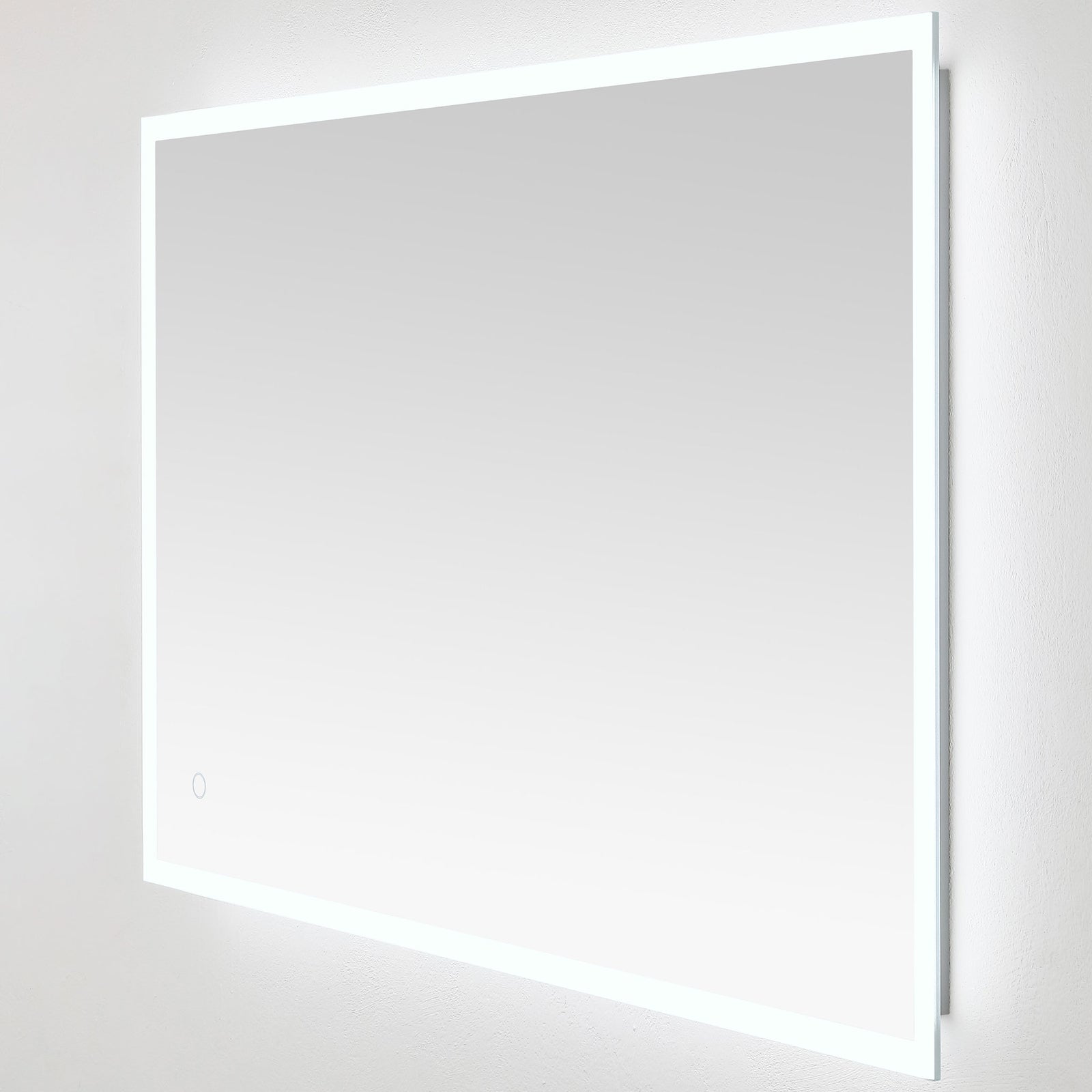 A wide mirror glows cool white around its slim frame, with a touch sensor near the lower edge. || LMR1003A || front_angle_on_studio