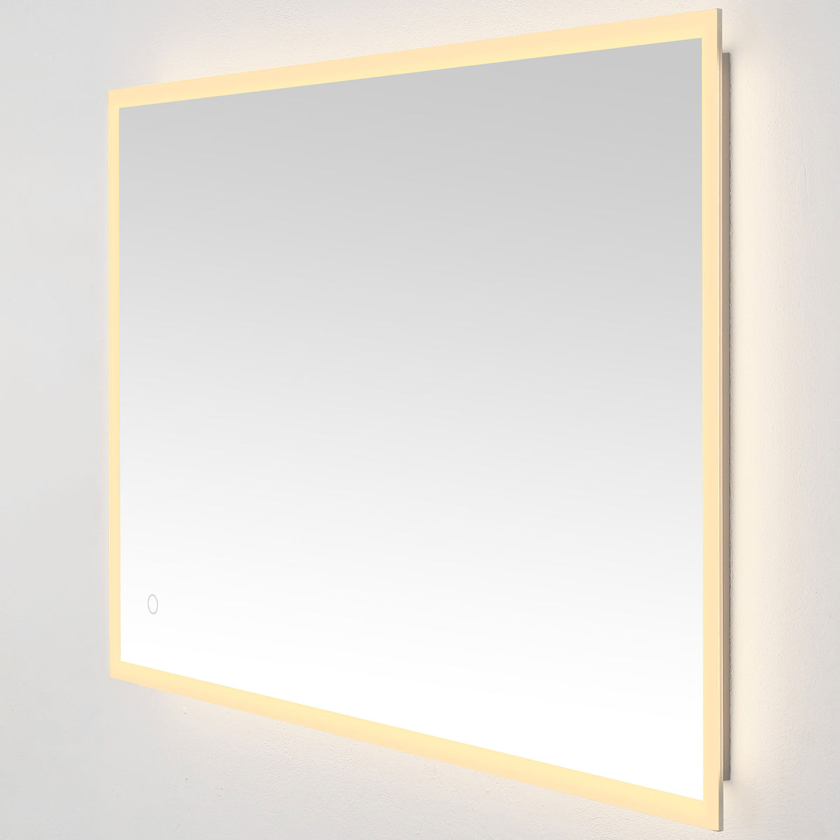 A warm golden perimeter brightens the broad mirror while keeping its touch control unobtrusive. || LMR1003A || front_angle_on_studio