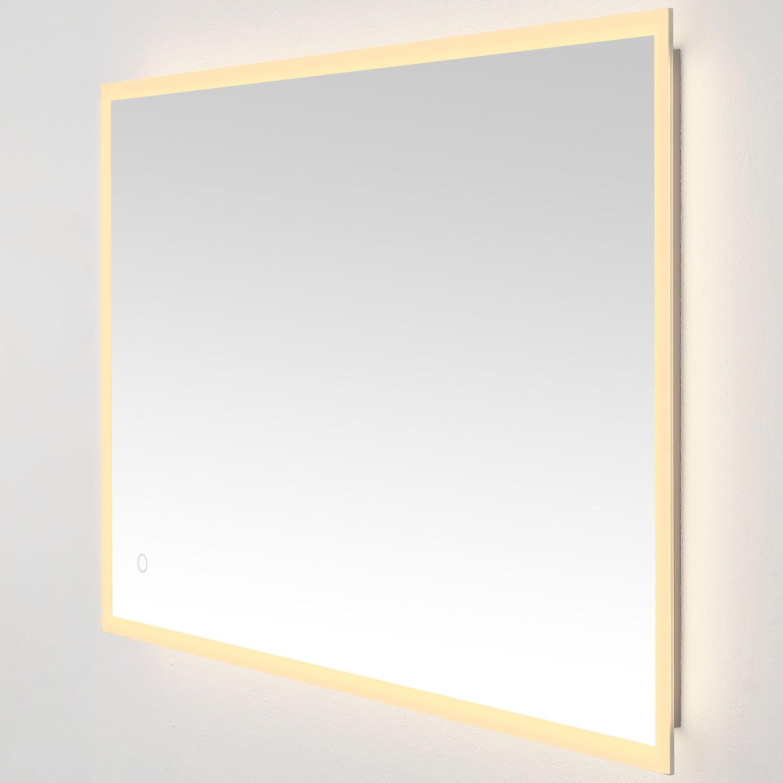 A warm golden perimeter brightens the broad mirror while keeping its touch control unobtrusive. || LMR1003A || front_angle_on_studio