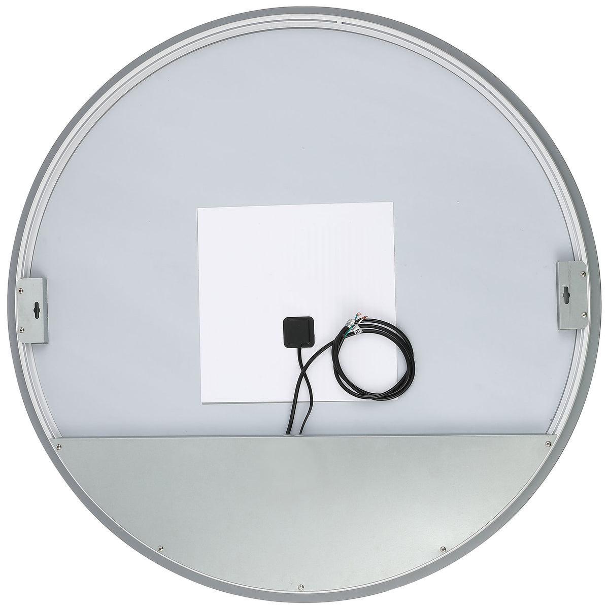A round LED mirror features a silver back panel, mounting brackets, and integrated wiring. || LMR1004A || back_studio