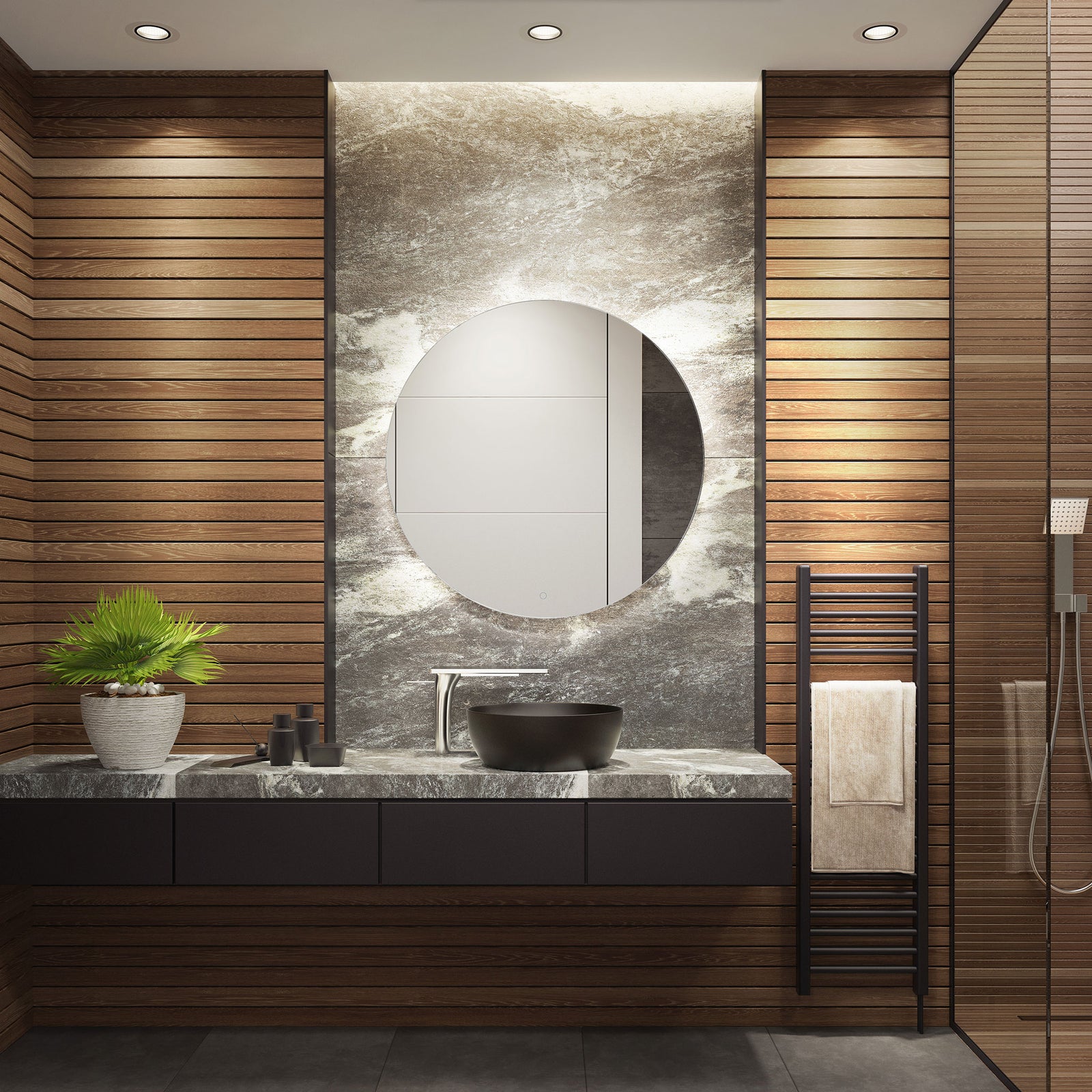 A round LED mirror casts a bright halo above a modern bathroom vanity. || LMR1004A || front_on_room