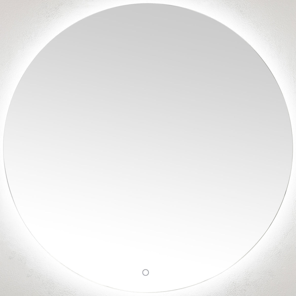 A round mirror features a soft white LED halo and a touch button near the bottom. || LMR1004A || front_on_studio