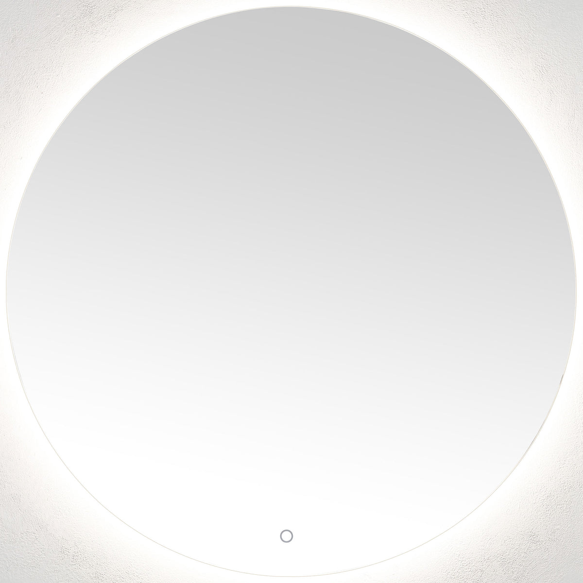A silver-edged circular mirror radiates an even white glow from its LED backlight. || LMR1004A || front_on_studio