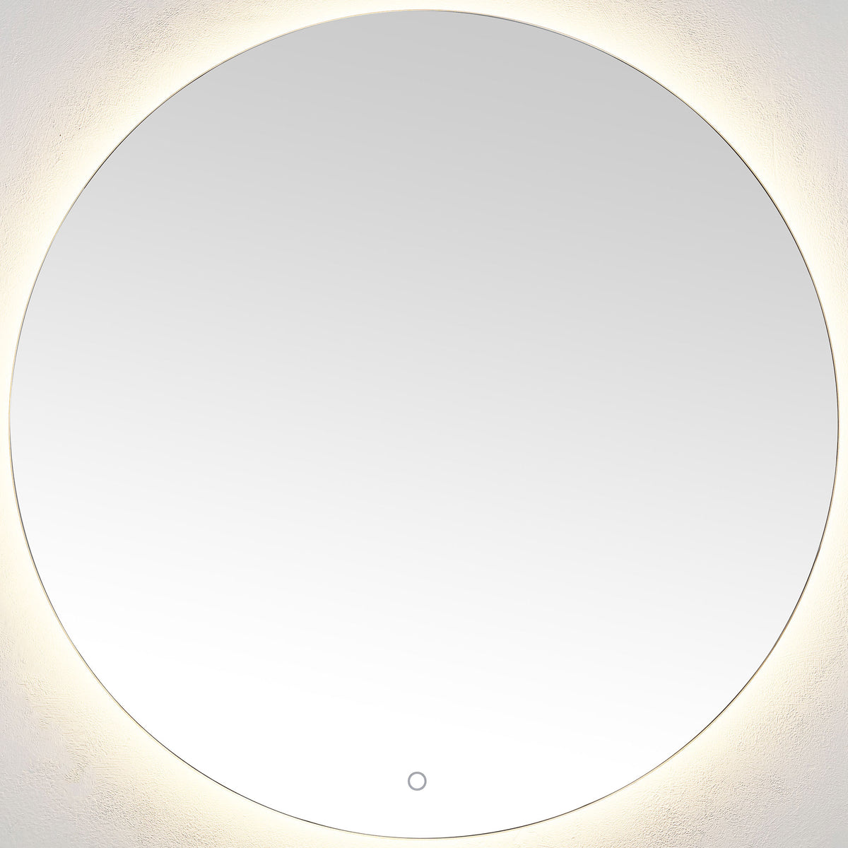 A touch-control round mirror pairs a clean reflective face with warm LED backlighting. || LMR1004A || front_on_studio