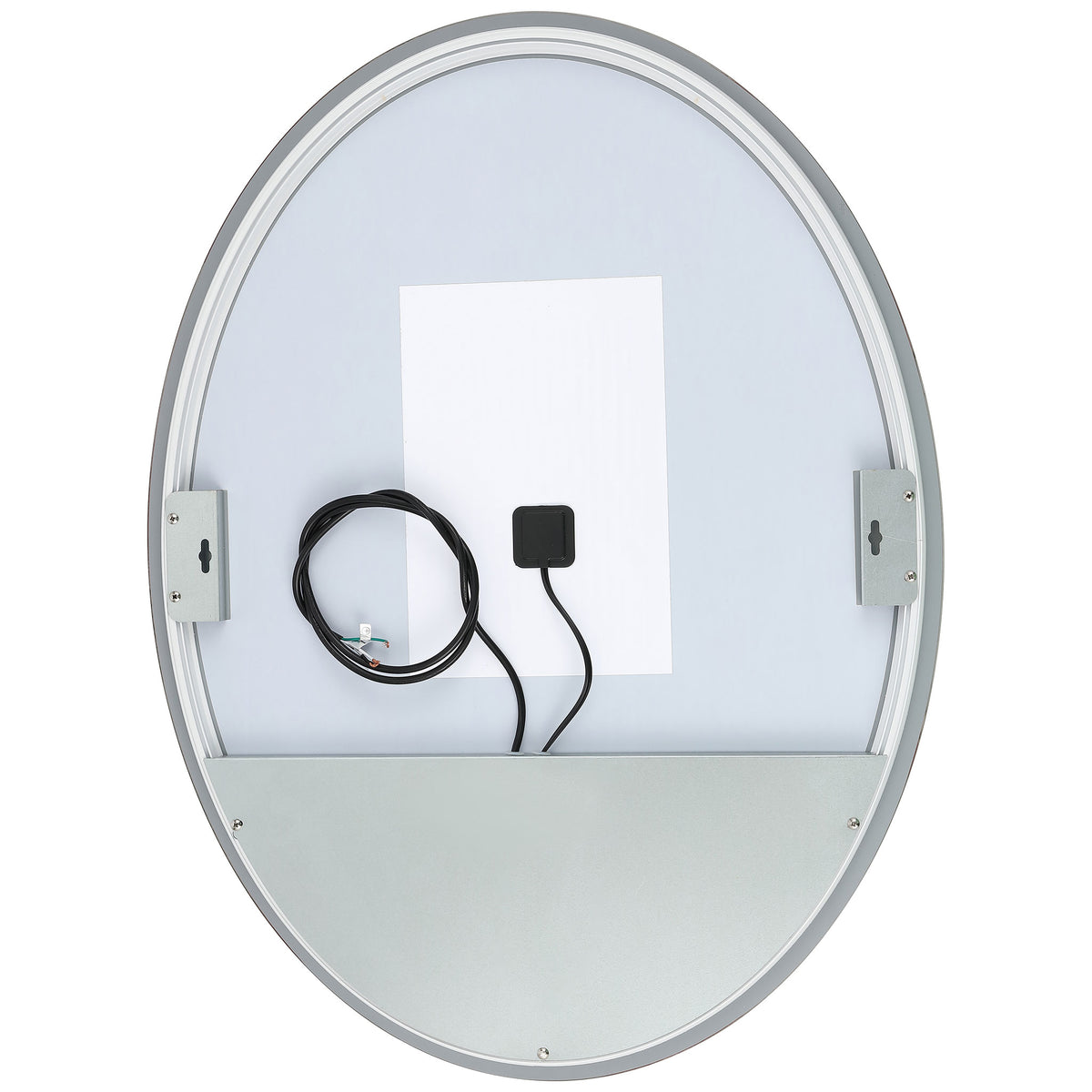 Silver-toned backing reveals mounting brackets and wiring behind the oval LED mirror || LMR1005A || back_studio