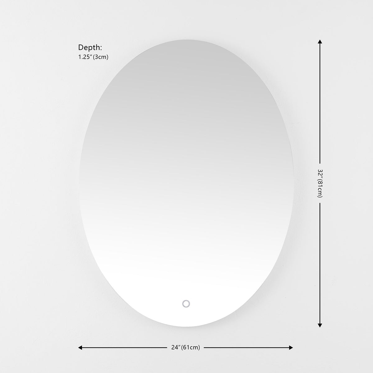 The oval mirror measures 32 inches tall and 24 inches wide, with a slim wall-mounted profile || LMR1005A || dimension_studio
