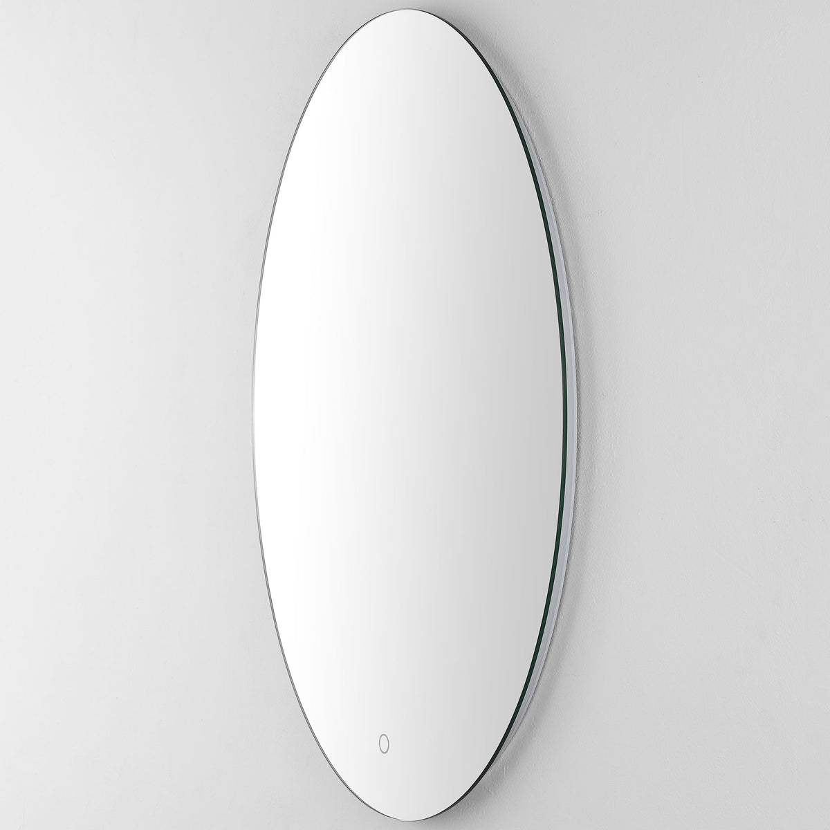The oval mirror has a slim, wall-hugging design with a subtle layered edge || LMR1005A || front_angle_studio