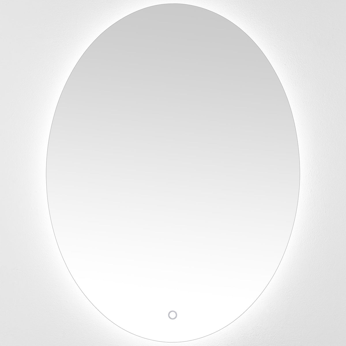 Cool white LED backlighting traces the oval mirror and softly brightens the surrounding wall || LMR1005A || front_on_studio