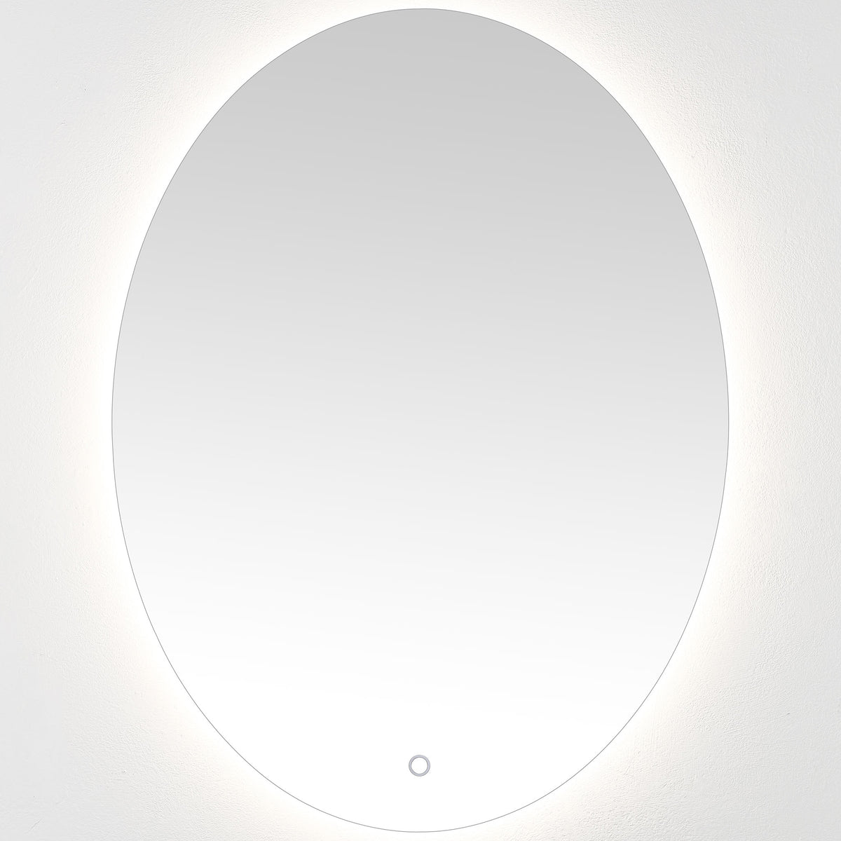 A soft white halo frames the oval mirror, with a circular control at the lower edge || LMR1005A || front_on_studio