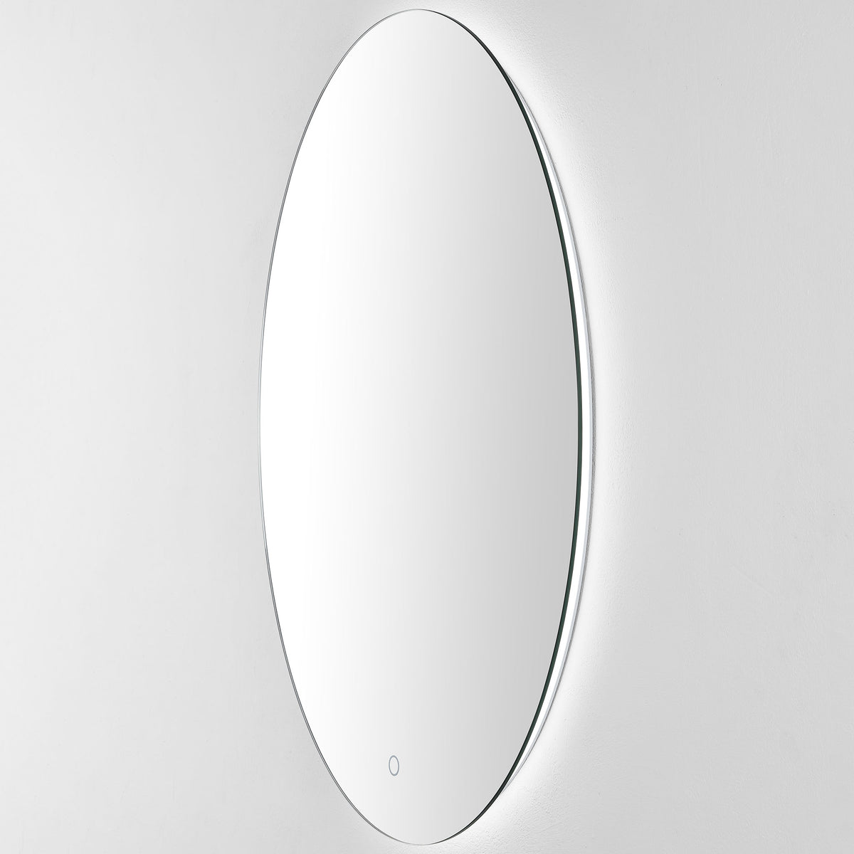 A cool white glow outlines the mirror's slim oval silhouette against the wall || LMR1005A || front_angle_on_studio