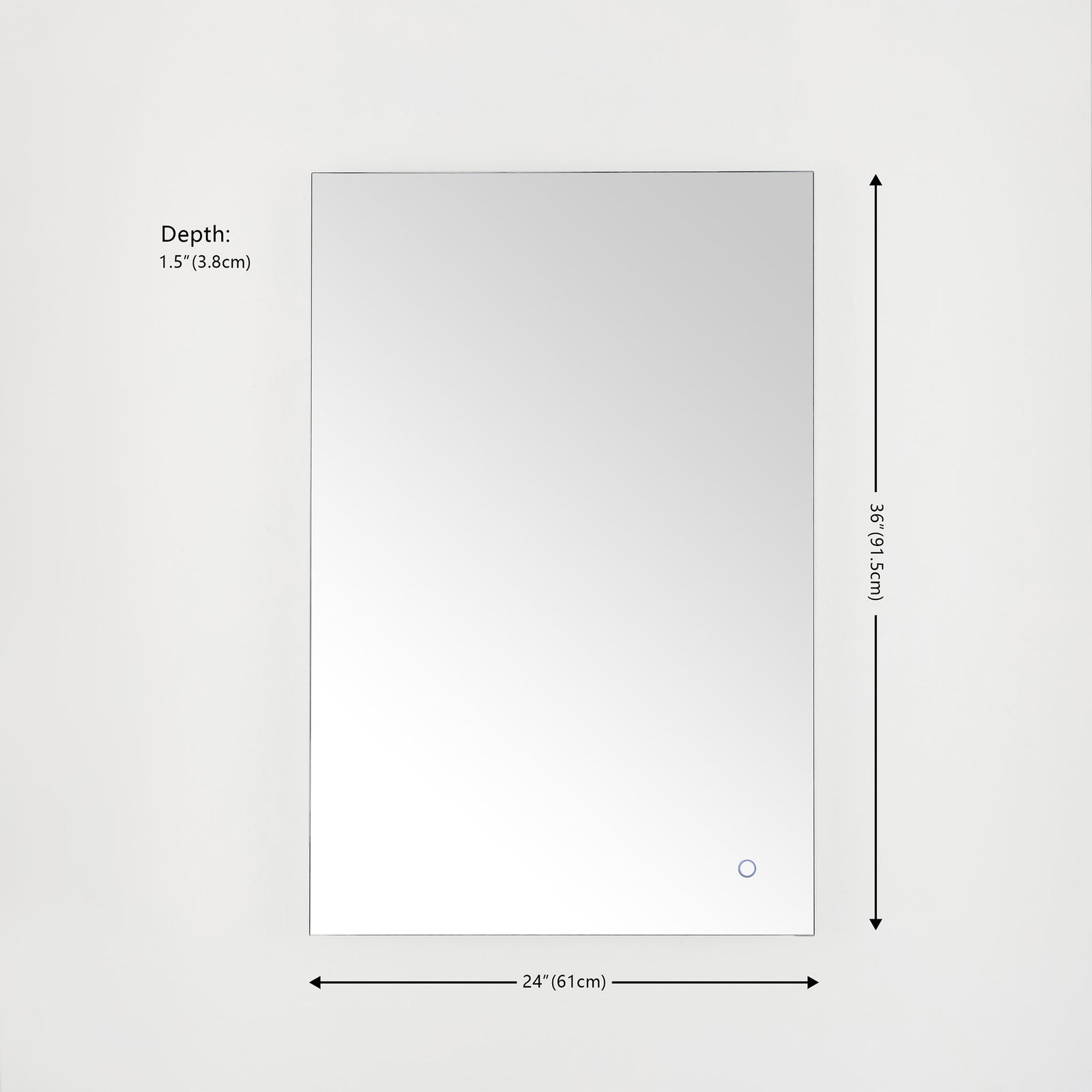 A 24-inch-wide, 36-inch-tall rectangular LED mirror has a slim 1.5-inch depth. || LMR1006A || dimension_studio
