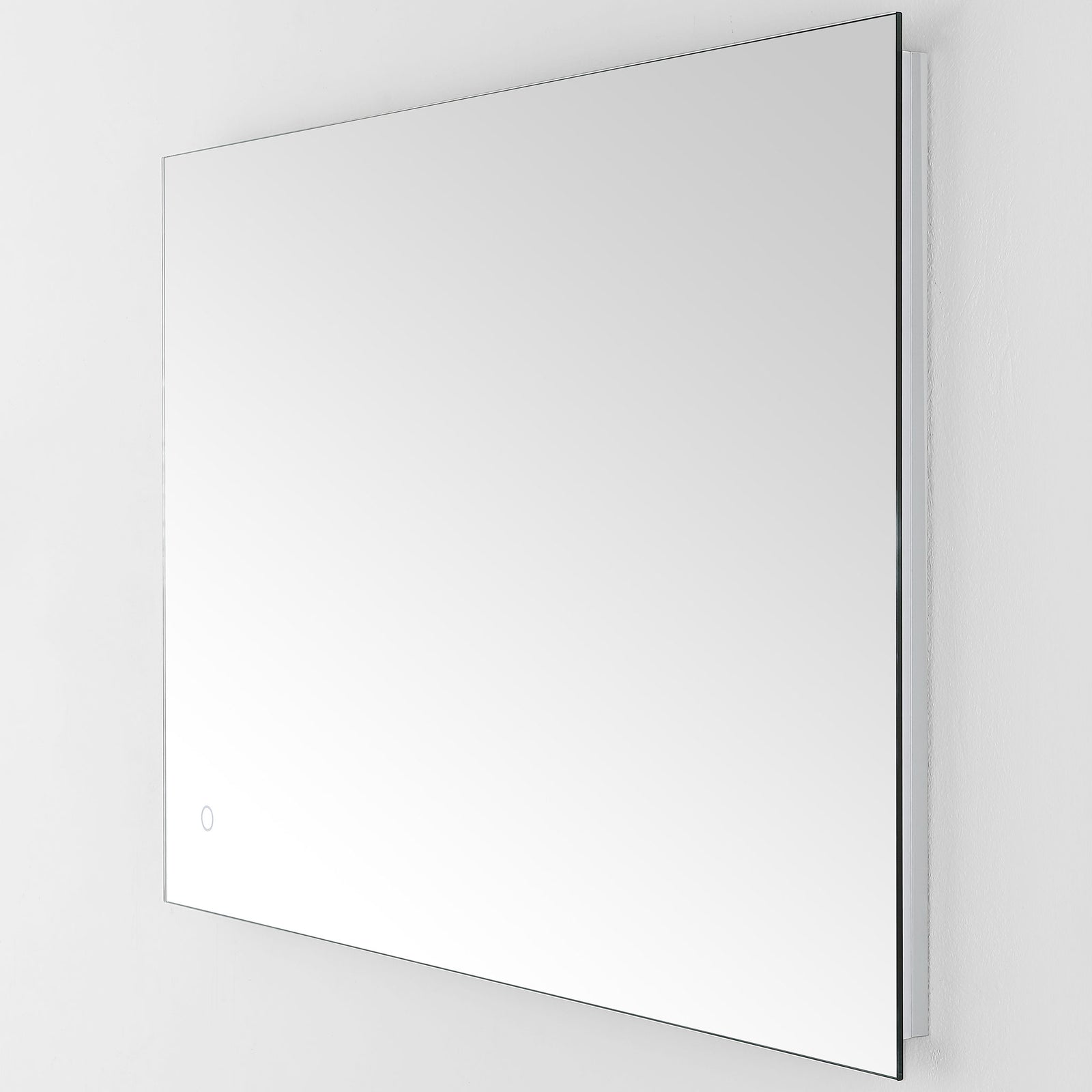 The wide rectangular mirror features a slim silver edge and an unobtrusive round touch sensor. || LMR1006A || front_angle_studio
