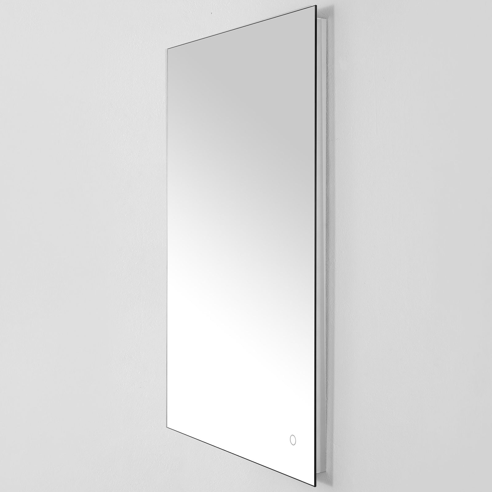 A tall rectangular mirror has a slender profile, reflective face, and subtle touch control. || LMR1006A || front_angle_studio