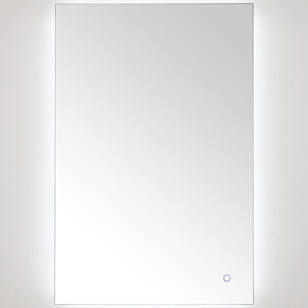 Crisp white backlighting brightens the rectangular mirror, with a touch control at its lower corner. || LMR1006A || front_on_studio