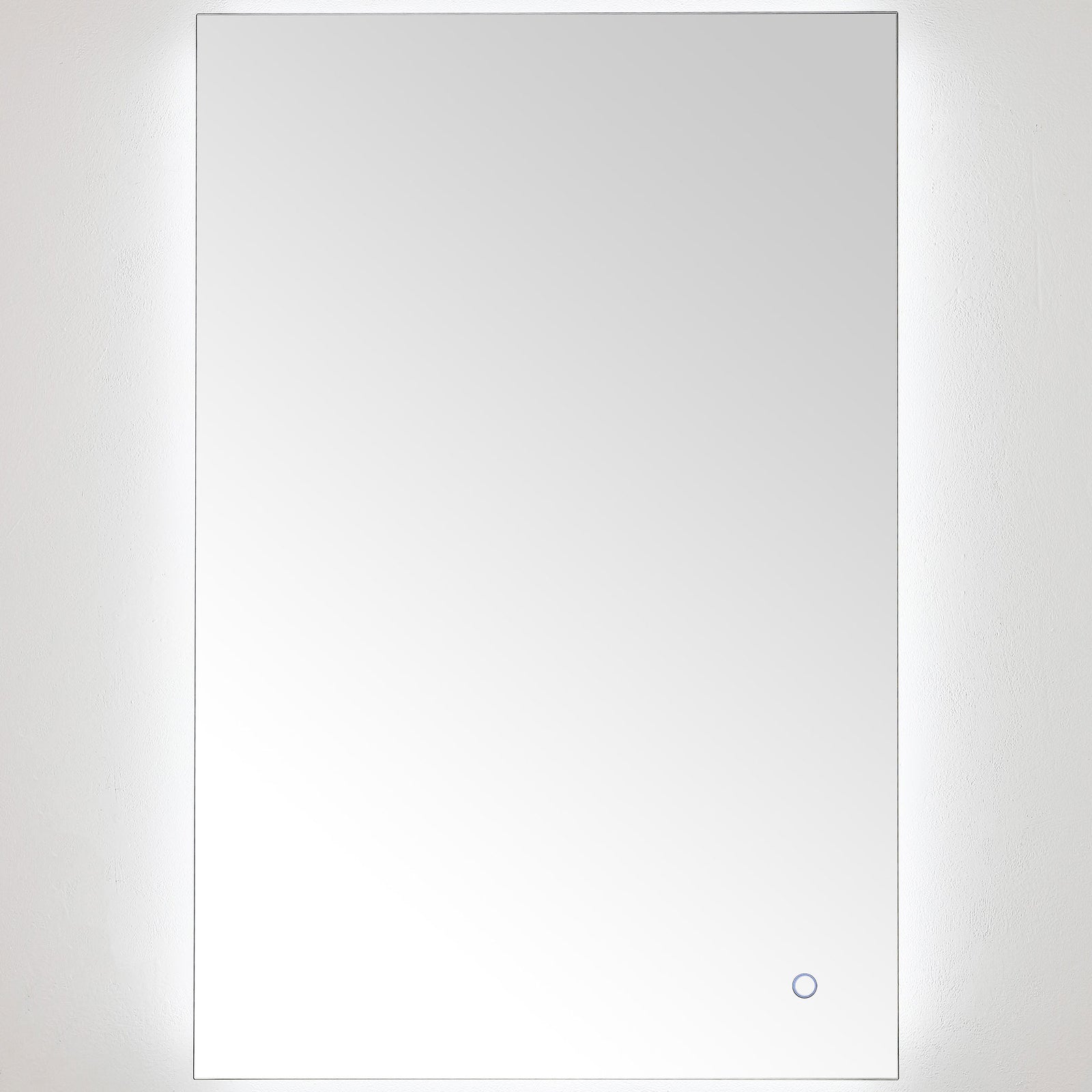 Crisp white backlighting brightens the rectangular mirror, with a touch control at its lower corner. || LMR1006A || front_on_studio