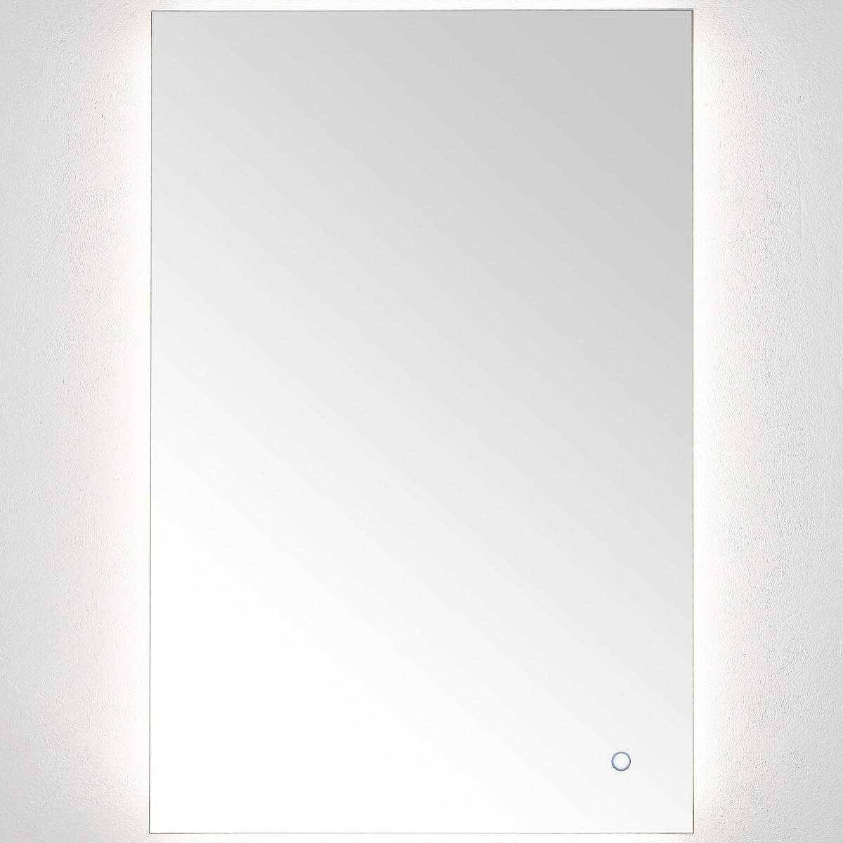 Soft white LED light halos the rectangular mirror while its round touch control stays discreet. || LMR1006A || front_on_studio