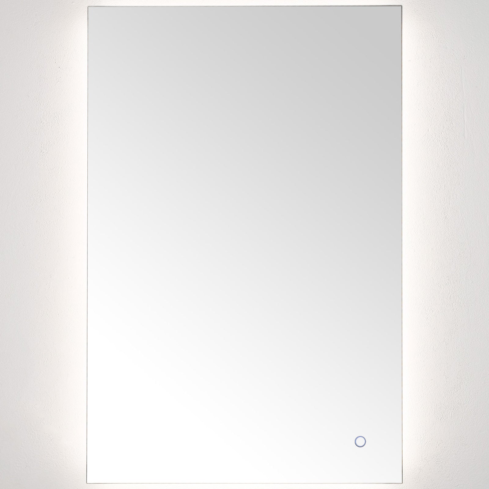 Soft white LED light halos the rectangular mirror while its round touch control stays discreet. || LMR1006A || front_on_studio