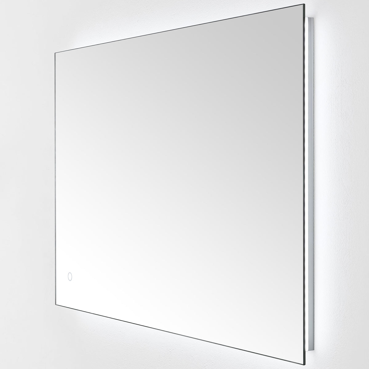 Cool-white LED light radiates from behind the wide mirror's slender silver edges.