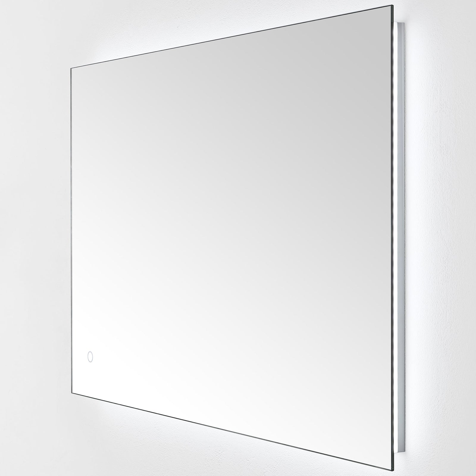 Cool-white LED light radiates from behind the wide mirror's slender silver edges. || LMR1006A || front_angle_on_studio