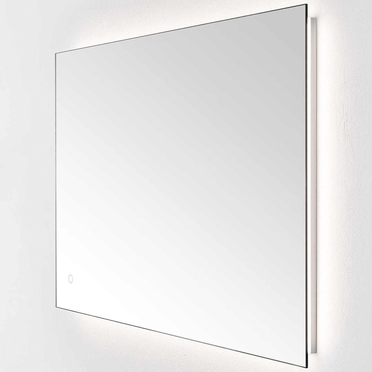 Soft white illumination highlights the wide mirror's thin profile and reflective face. || LMR1006A || front_angle_on_studio