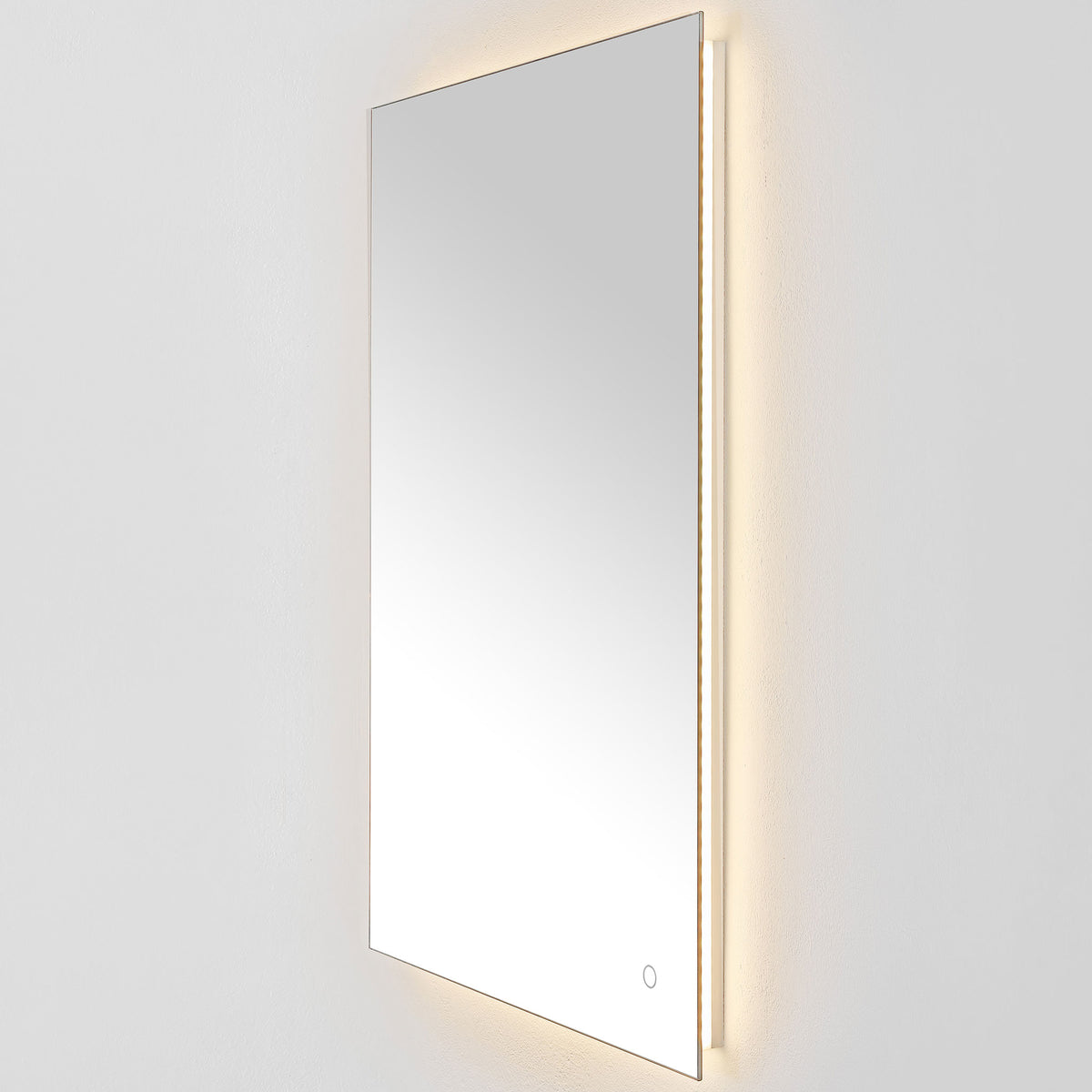 A warm golden halo accentuates the tall mirror's clean lines and subtle round touch control. || LMR1006A || front_angle_on_studio