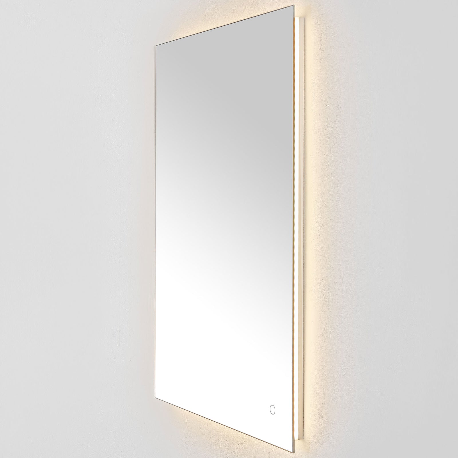 A warm golden halo accentuates the tall mirror's clean lines and subtle round touch control. || LMR1006A || front_angle_on_studio