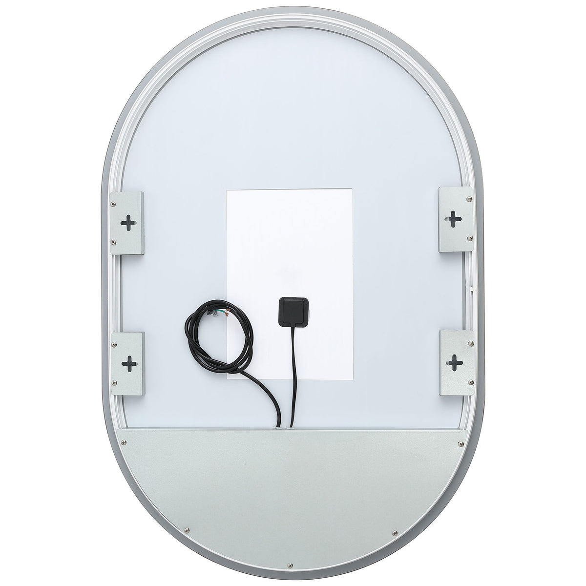 Four mounting brackets and integrated wiring support the rounded LED mirror's wall-mounted design. || LMR1007A || back_studio