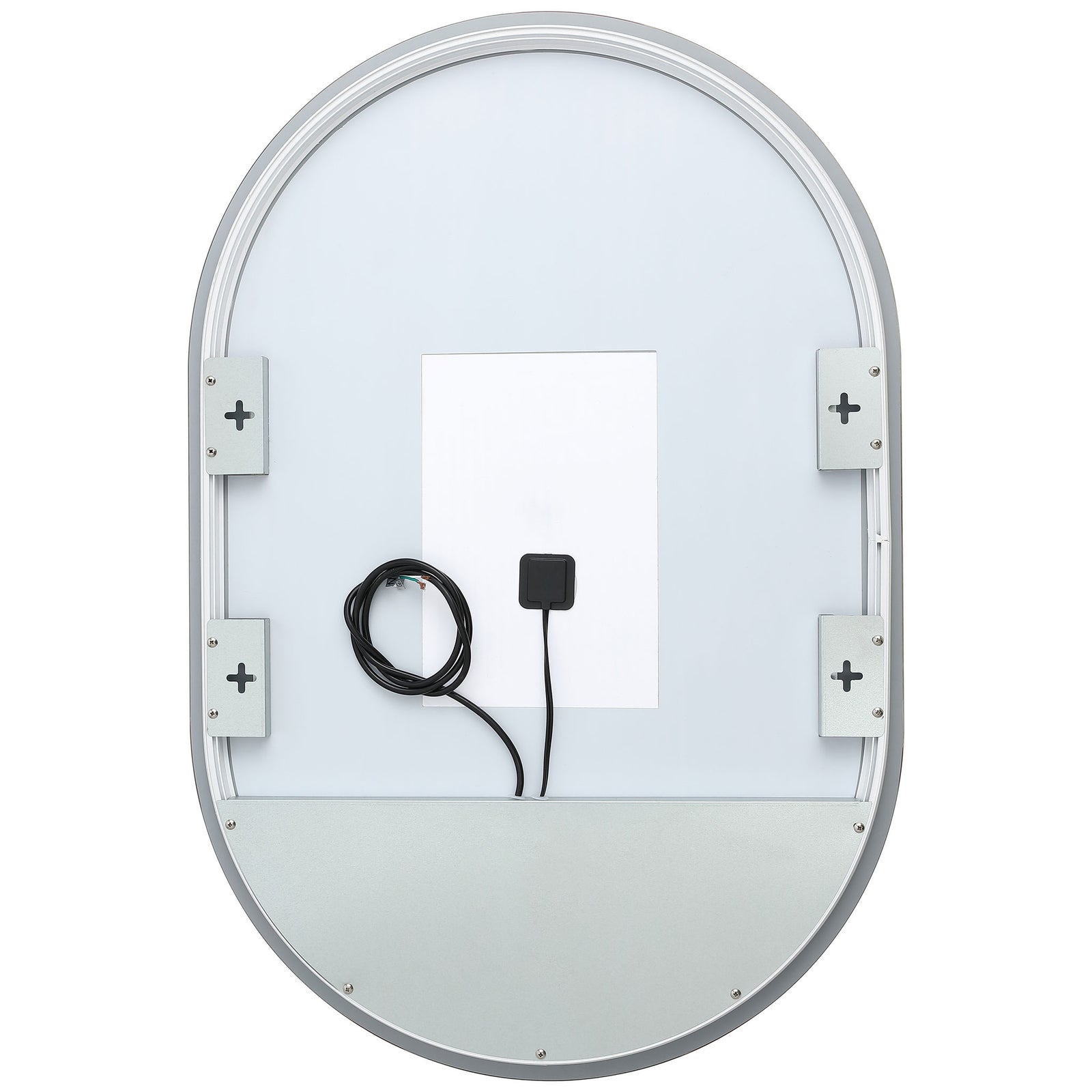 Four mounting brackets and integrated wiring support the rounded LED mirror's wall-mounted design. || LMR1007A || back_studio