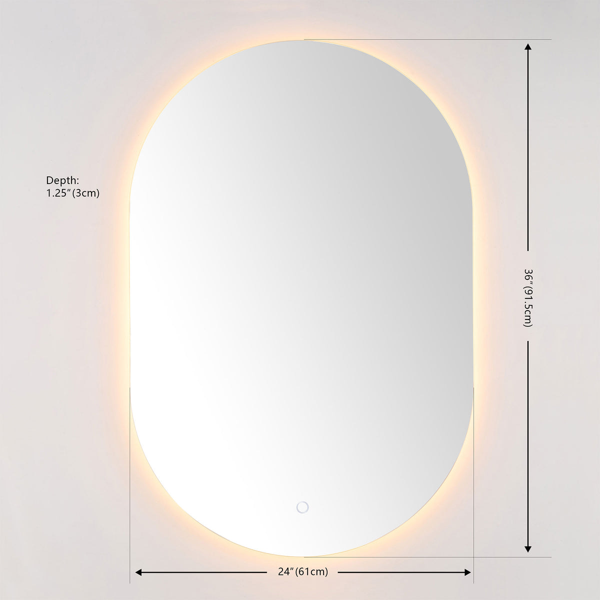 The rounded LED mirror measures 24 inches wide by 36 inches high, with a slim 1.25-inch depth.