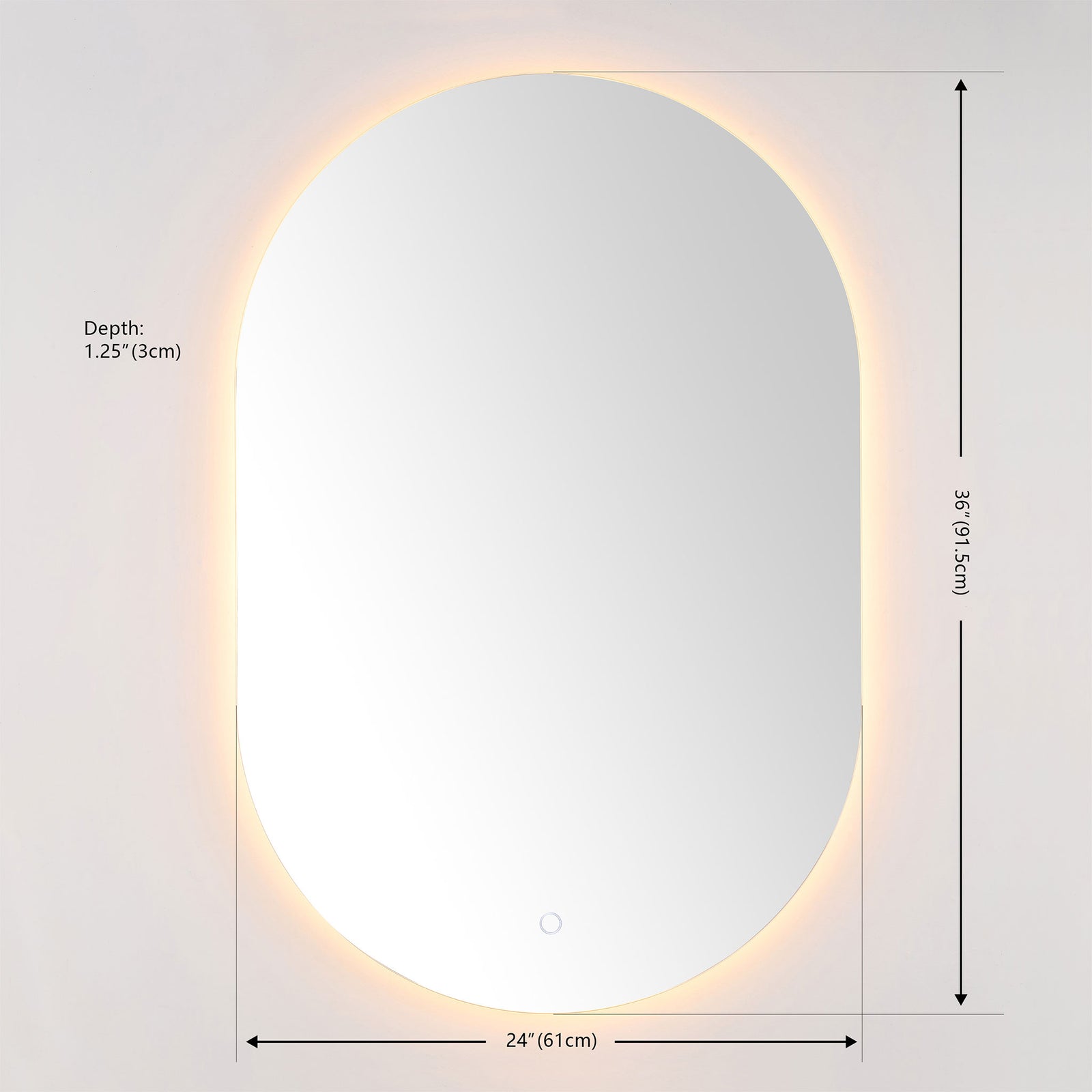 The rounded LED mirror measures 24 inches wide by 36 inches high, with a slim 1.25-inch depth. || LMR1007A || dimension_studio
