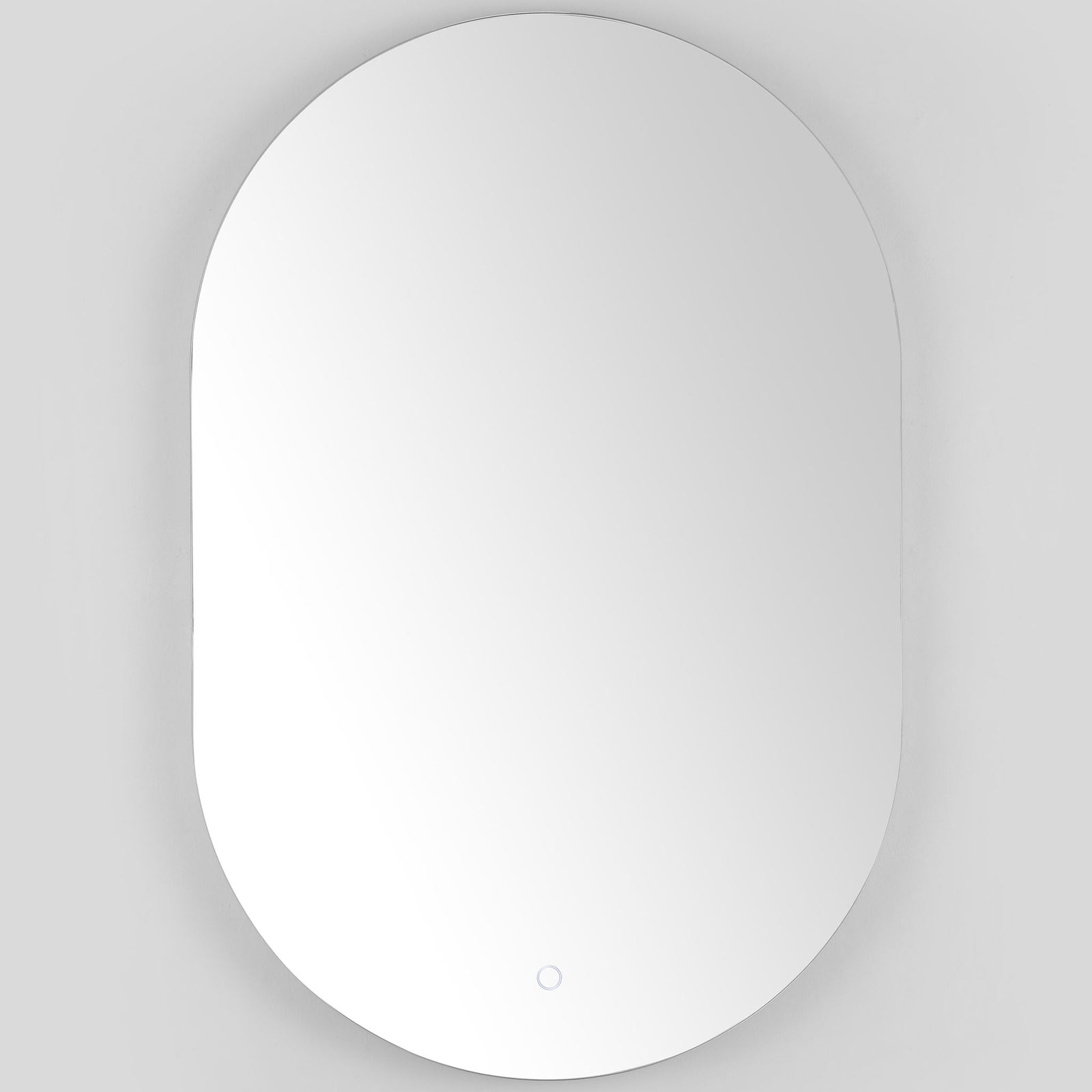 A slim white edge frames the rounded mirror, with a discreet touch control near the bottom. || LMR1007A || front_studio