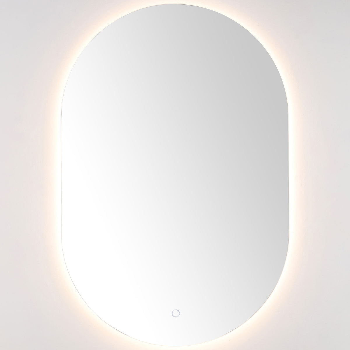 Soft warm-white light traces the mirror's rounded perimeter and clean, narrow frame. || LMR1007A || front_on_studio