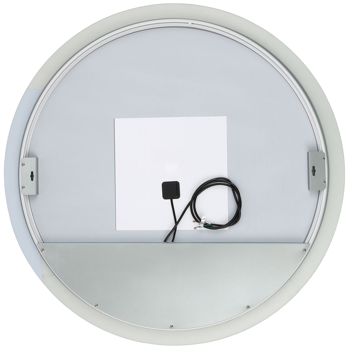 Round LED mirror with silver backing, mounting brackets, and a coiled electrical cord. || LMR1008A || back_studio