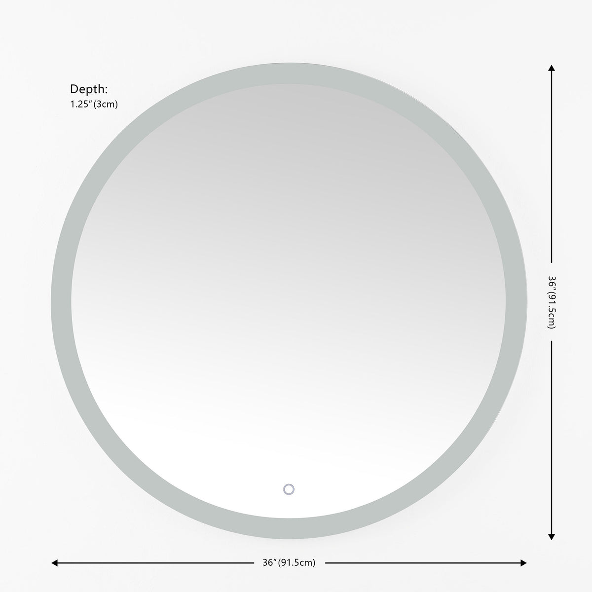 The round LED mirror measures 36 inches across and 1.25 inches deep, with a small lower control. || LMR1008A || dimension_studio