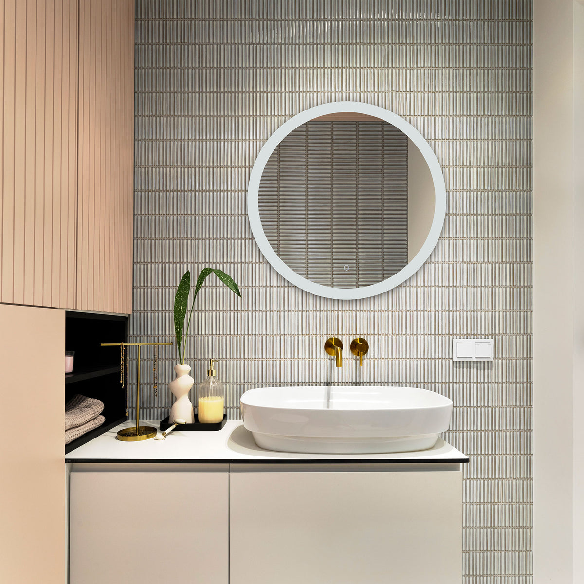 A pale silver border gives the round LED mirror a crisp, modern look above a bathroom vanity. || LMR1008A || front_room