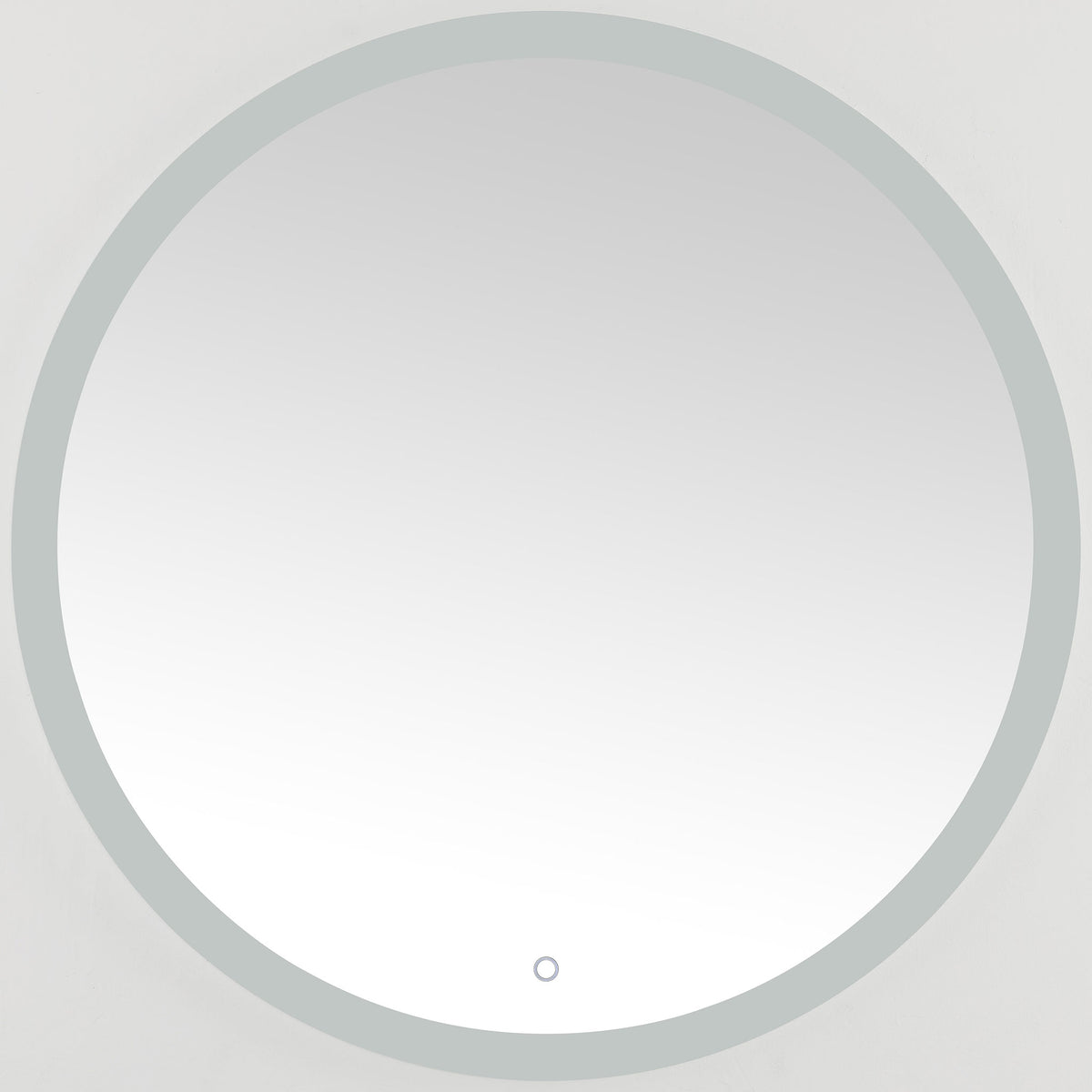 A frosted border surrounds the round mirror, with a discreet circular control near its lower edge. || LMR1008A || front_studio