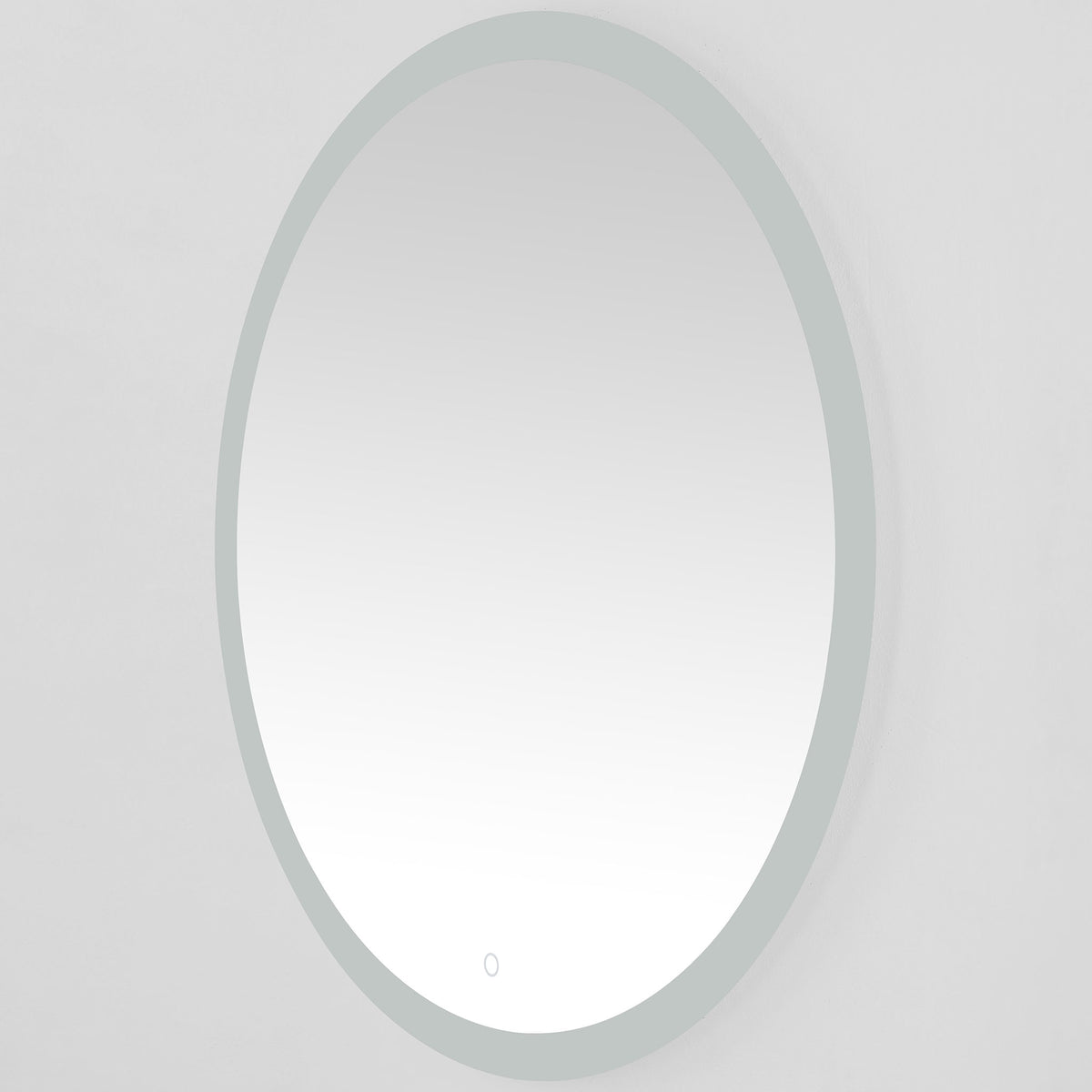 A slim, pale silver edge keeps the round LED mirror sleek and close to the wall. || LMR1008A || front_angle_studio