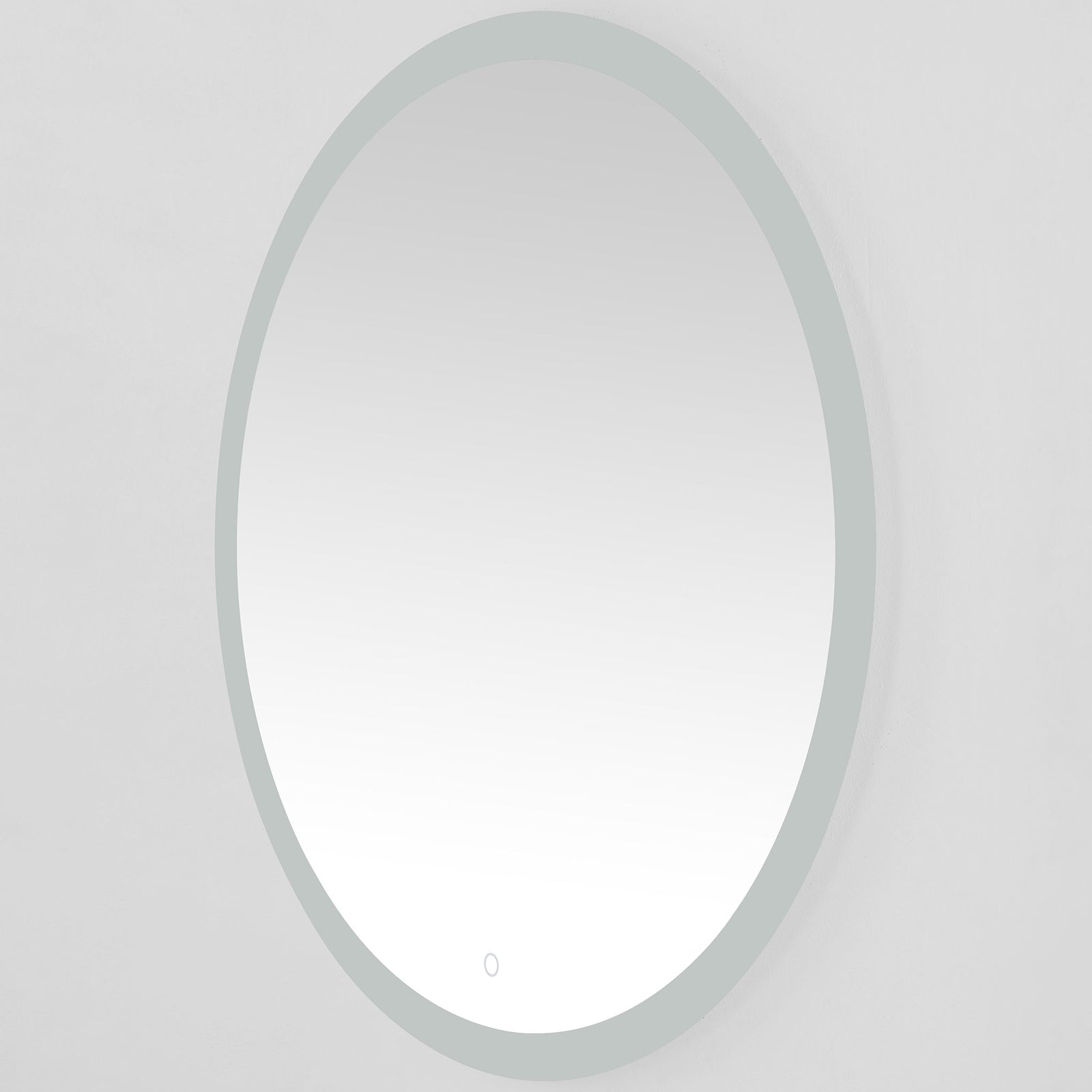 A slim, pale silver edge keeps the round LED mirror sleek and close to the wall. || LMR1008A || front_angle_studio