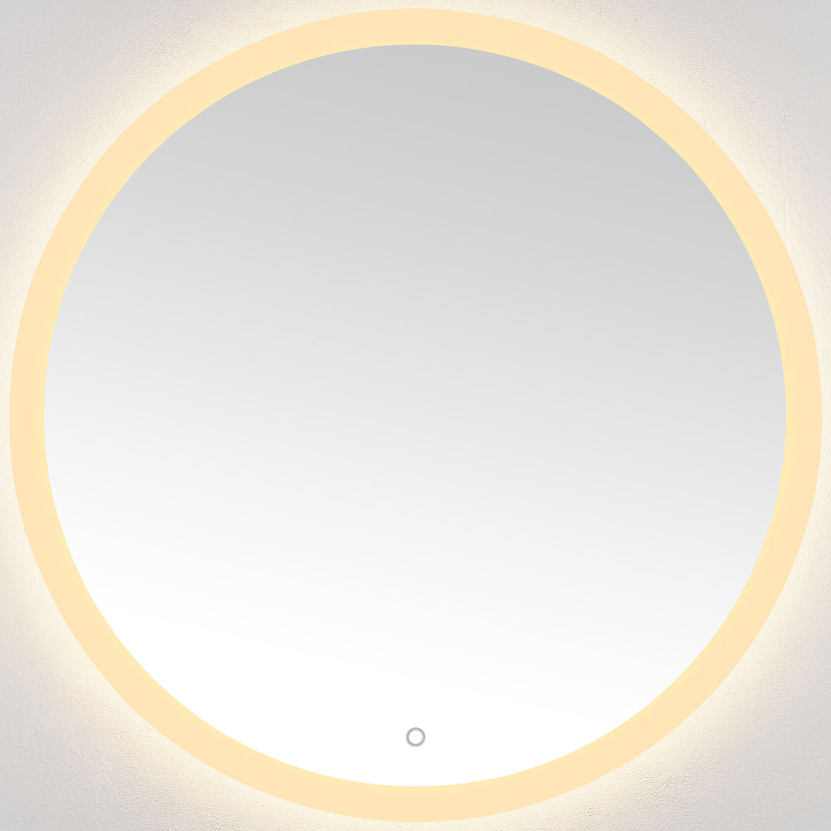 Warm amber light outlines the circular mirror for a soothing, flattering glow. || LMR1008A || front_on_studio