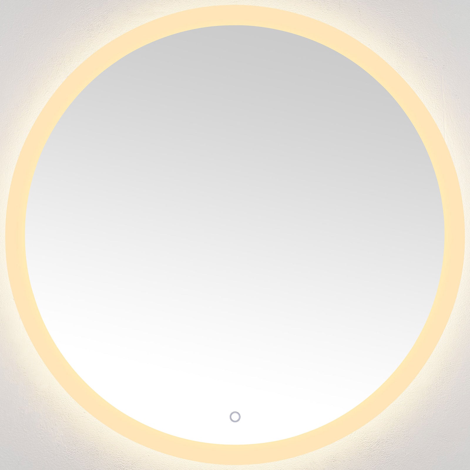 Warm amber light outlines the circular mirror for a soothing, flattering glow. || LMR1008A || front_on_studio