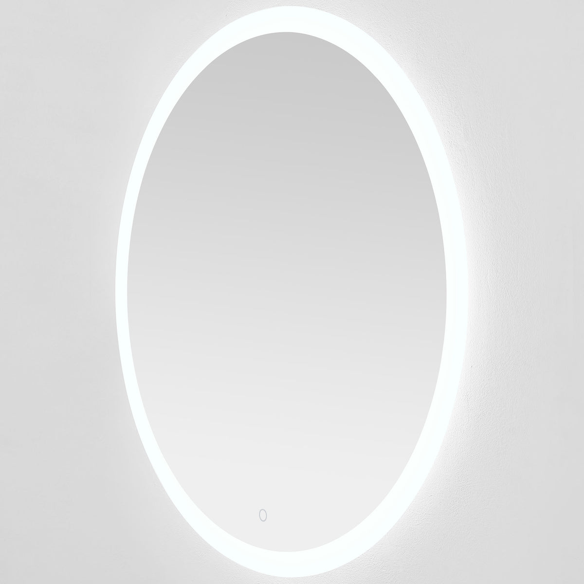 Crisp white perimeter lighting casts a soft halo around the silver-edged mirror. || LMR1008A || front_angle_on_studio