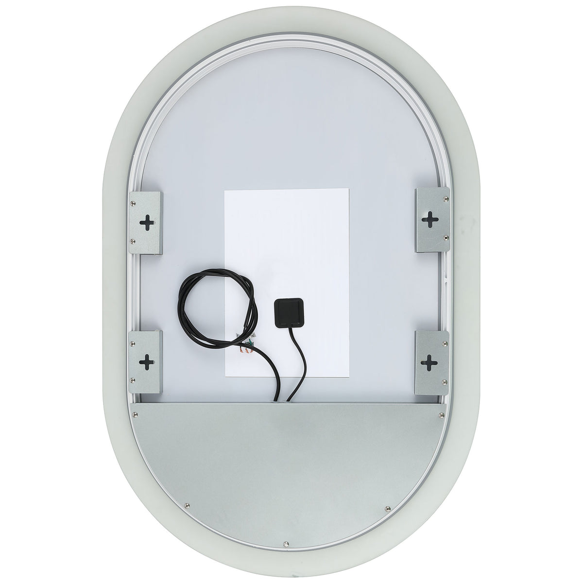 Oval LED mirror with metal backing, mounting brackets, and a wired power connection || LMR1009A || back_studio