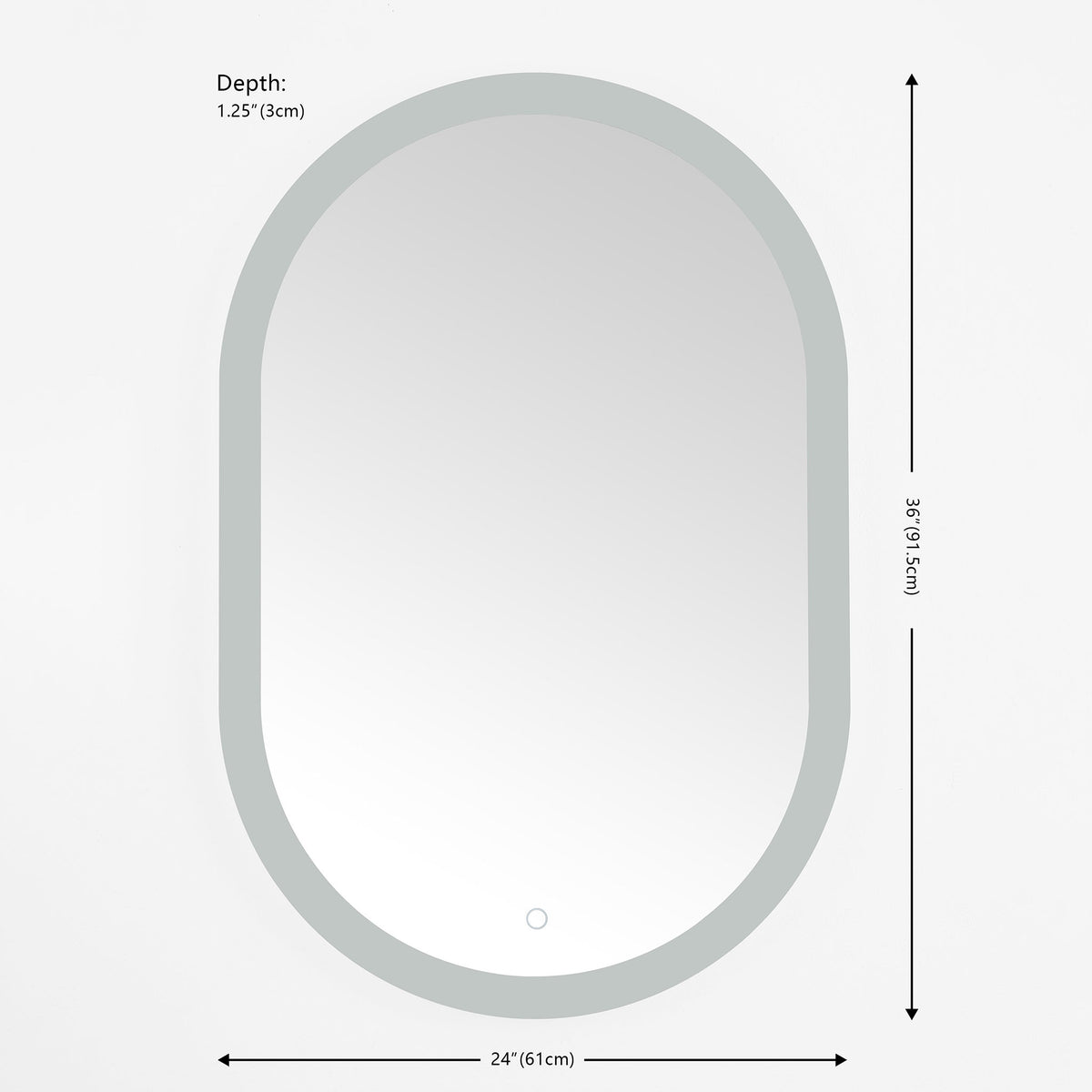 24-inch-wide oval LED mirror with a slim edge and a touch button near the bottom || LMR1009A || dimension_studio