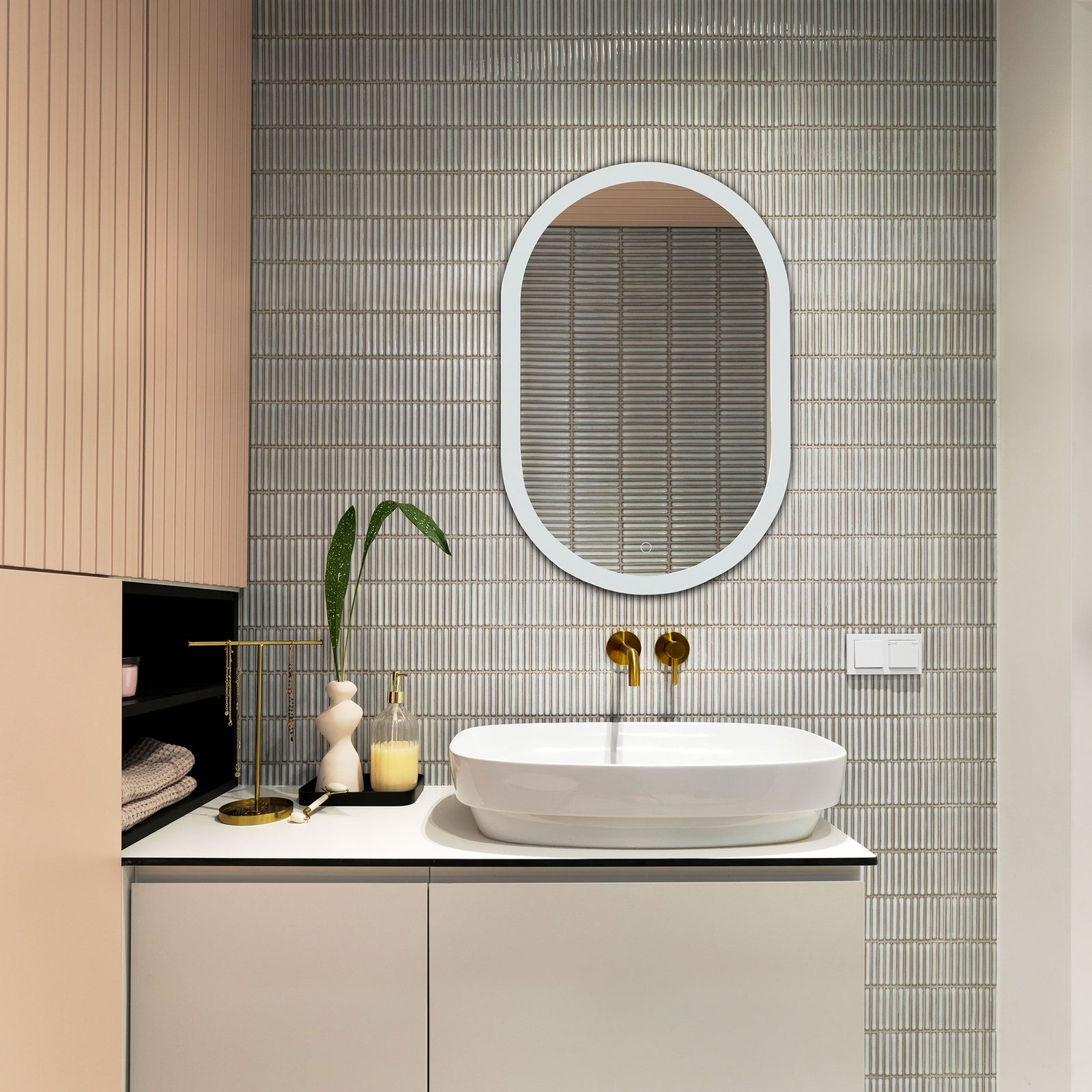 Oval mirror with a sleek white border above a contemporary bathroom vanity || LMR1009A || front_room