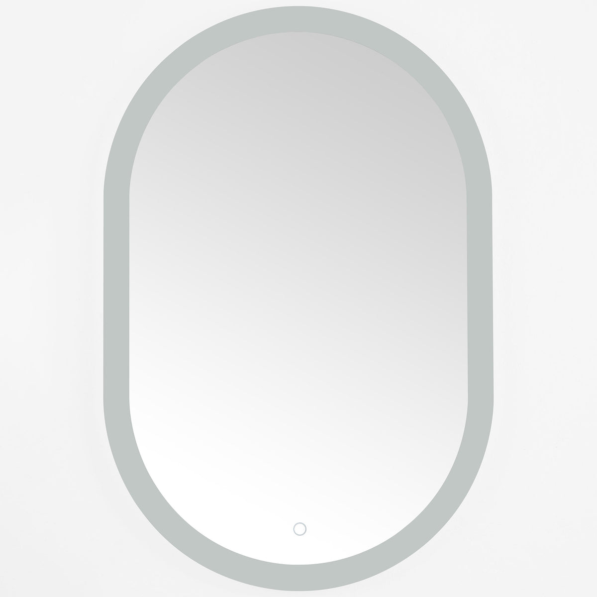 Silver-and-white oval LED mirror with a smooth surface and discreet touch control || LMR1009A || front_studio