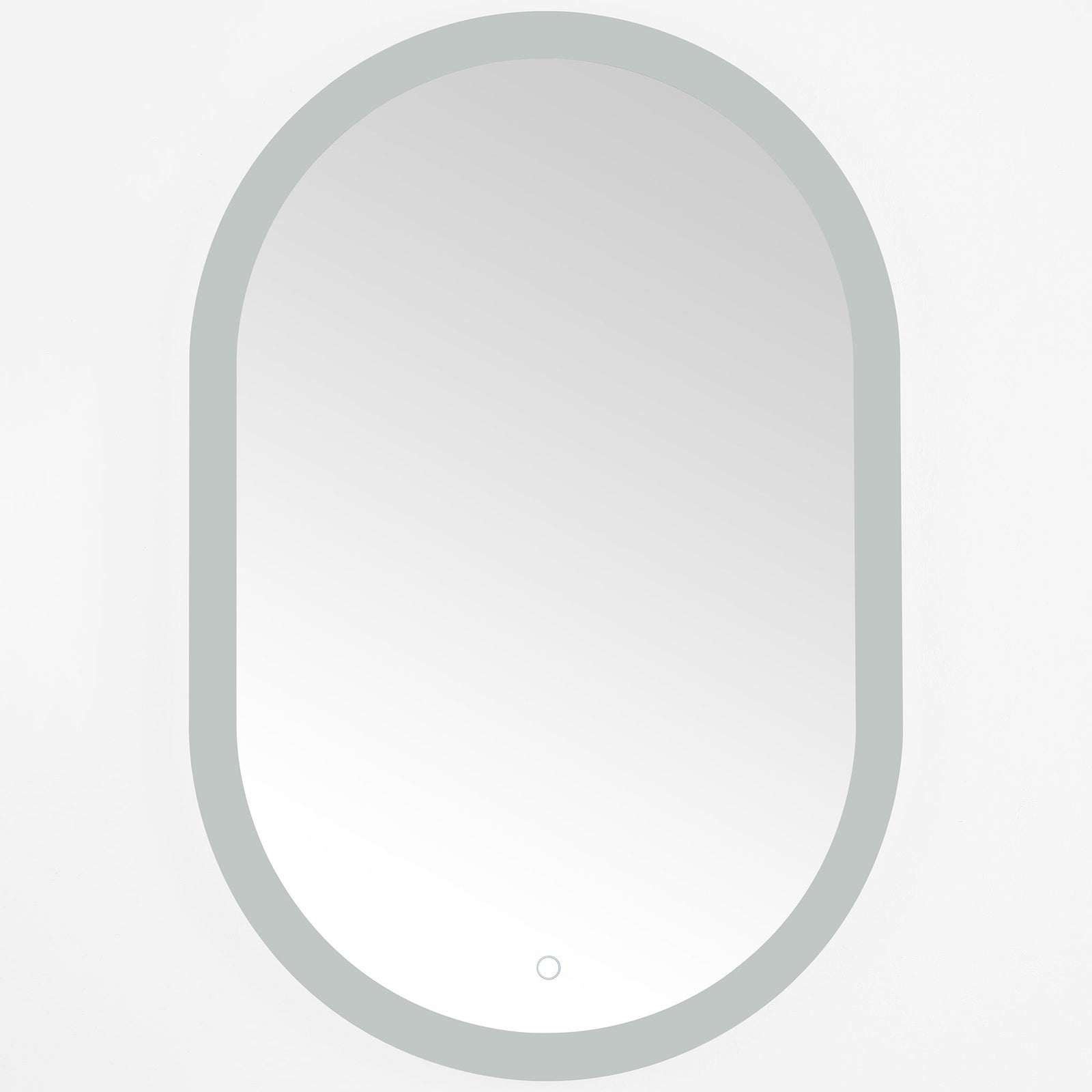 Silver-and-white oval LED mirror with a smooth surface and discreet touch control || LMR1009A || front_studio